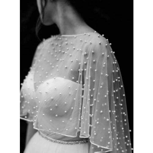 Women Bolero Bridal Pearls Bead Wedding Cape Cloak Short Front Long Back Wrap Cape Evening Wrap Shawl Wedding Accessories