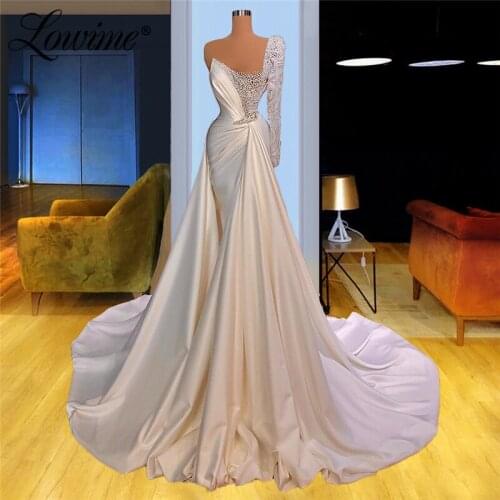 One Shoulder Evening Dresses with Train Pearls Beads Ruffles Mermaid Prom Dresses Luxury Women Formal Celebrity Gowns