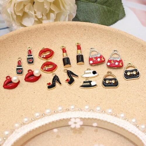 10pcs/lot Fashion Lipstick Red lips handbag package Shoes hat Enamel Charm for DIY Earring Jewelry Finding XL784