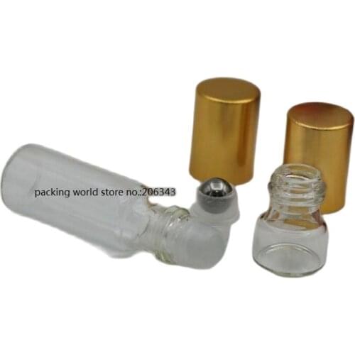 1ML2ml3ml clear glass bottle with glass/steel ball roll gold lid for eye cream,perfume,essential oil,lip gloss/honey cosmetic