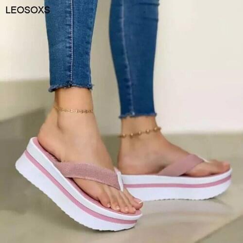 Large Size Muffin Shoes Womens Summer Flip Flops 2021 New Thick Bottom Slope Heel Solid Color Casual Slippers