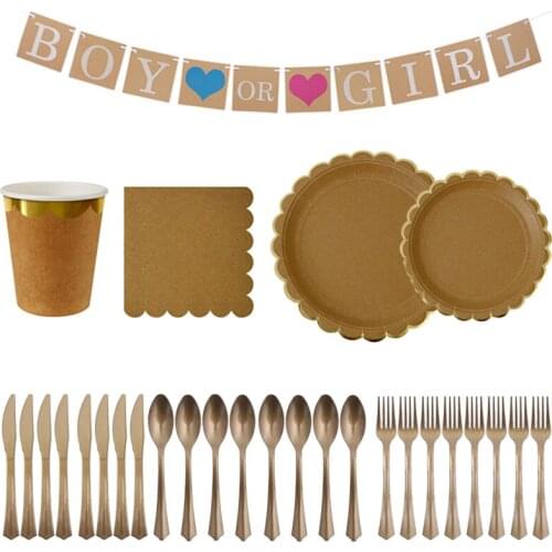 Bronzing Soild Color Kraft Paper Disposable Tableware Birthday Party Set Cups Plates Straw Napkins Adult Children Party Supply