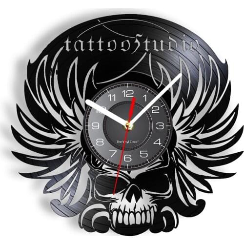 Skull Death Tattoo Studio Vintage LP Vinyl Record Wall Clock Gothic Wall Art Tattooist Man Cave Album Disks Decor Wall Watch