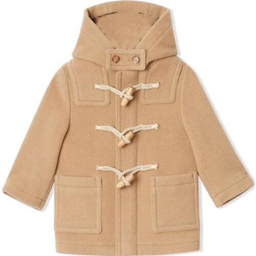 Baby girls boys fashion hooded woolen coat kids Horn button classic Children long wool blends overcoat