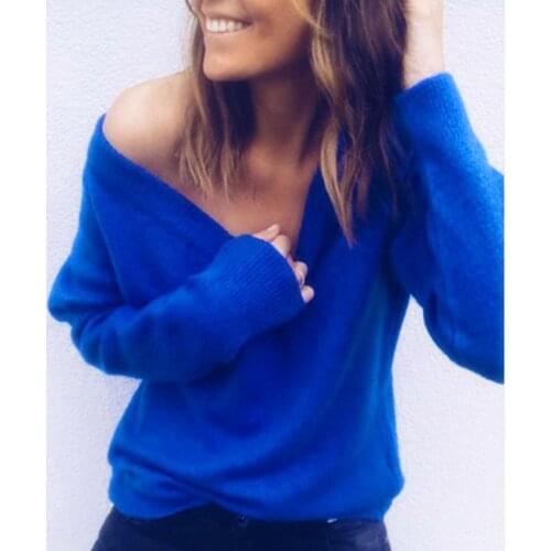 Ele-choices Winter Chic Lady Solid Color V Neck Long Sleeve Casual Pullover Knitted Blouse