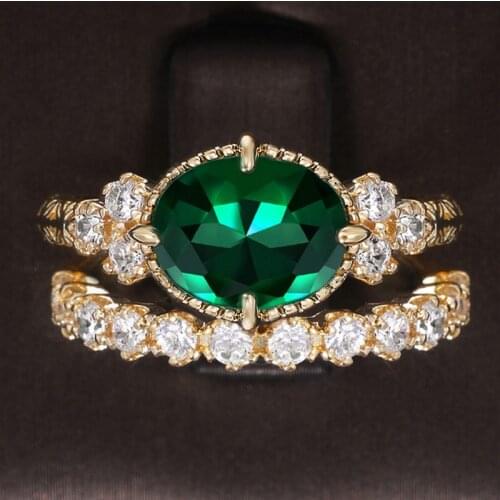 Huitan Elegant Women Rings Engagement Wedding Party 2PC/Set Oval Green Stone Gold Color Gorgeous Female Finger Ring Dropshipping