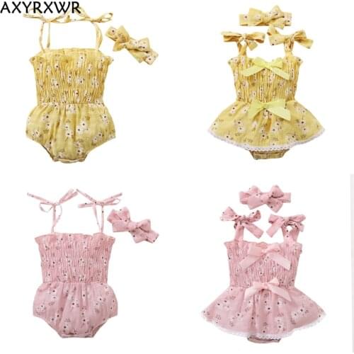 4 Style Lovely Summer Toddler Infant Baby Girls Rompers 0-18M Flowers Print Sleeveless Bowknot Belt Headband Jumpsuits Outfits