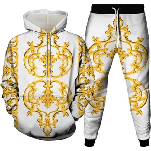 Golden Flowers Male Casual 3D Printed Clothes Sets Luxury Royal Harajuku Autumn Women Hoodies+Trousers 2Pcs Tracksuit Size S-6X