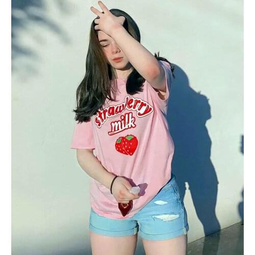 Strawberry Milk Printed Cute Pink Tshirts Short Sleeve Loose Aesthetic Tees Round Neck Kpop Cotton Tops Women Harajuku Shirts