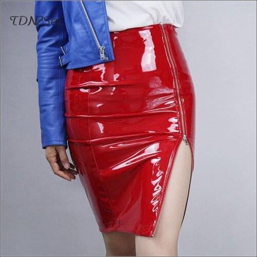 Fashion Shiny Faux Latex Leather Midi Skirts Women Casual Bodycon Slim Zip Skirts Office Lady High Waist Stretch PU Skirt Custom