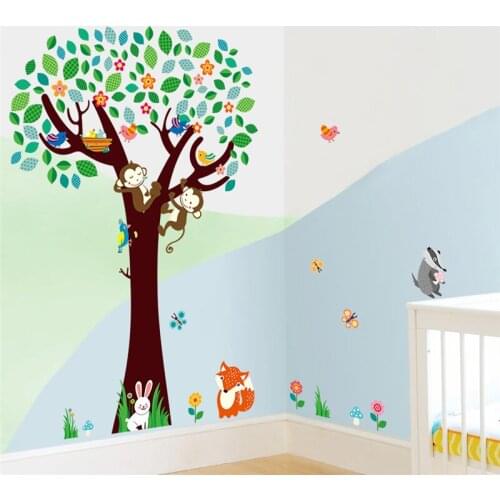 Cartoon monkey rabbit fox butterfly tree animals wall stickers for kids room home wall art decor posters diy removeable decals