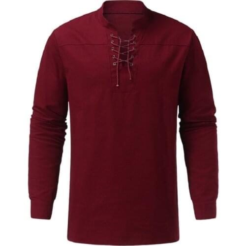 5XL Retro Stand Collar Lace-up Men T Shirt 2021 Autumn Long Sleeve Buttoned Men Pullover Shirt Spring Solid Cotton Mens Clothes