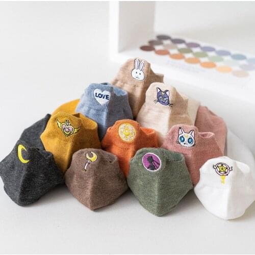 Spring And Summer Cotton Women Fashion Socks Boat Colorful Female Shallow Mouth Short Heel Socks Cartoon Embroidery For Girls
