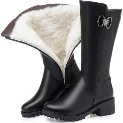 New Rhinestone Genuine Leather Inside Plush Wool Warm Winter Boots In-tube Knight Boots Thick Heel Shoes Snow Boots Women Boots
