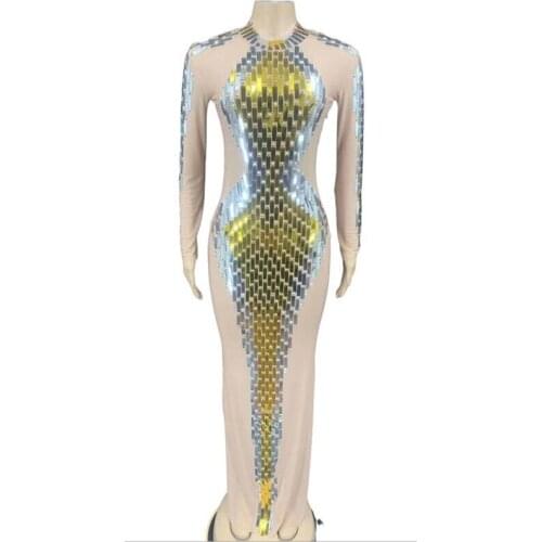 New Women Sexy Stage Sparkly Rhinestones Sparkly Sequin Dresses for Women See Through Long Mesh Dress Evening Nightclub Dress