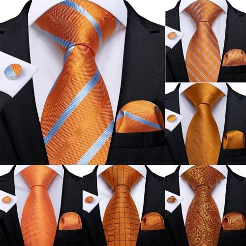 Gift Men Tie Orange Striped Silk Wedding Tie For Men DiBanGu Design Hanky Cufflink Quality Men Tie Set Dropshipping