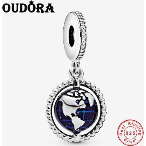 Spinning Globe Dangle Charm Fit Original Pandora Bracelet Charm 925 Sterling Silver Blue Bead Women Jewelry DIY Berloque Making