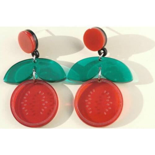 QUMENG 2020 New fashion tomato apple lemon pomegranate fruit long acrylic stud earrings female Retro transparent jewelry