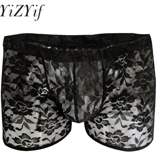 Sexy Men Underwear Boxer Boyshort Lace Transparent Lingerie Sheer Mesh Lace Floral Boxer Shorts Gay Men Underwear Sissy Panties