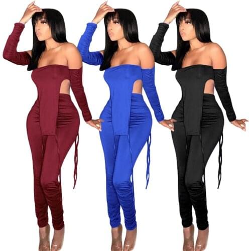 Sexy Off the Shoulder Solid Tracksuit Women Slash Neck Stacked Long Sleeve Strap Irregular Top Pants Club Two Piece Set Outfits