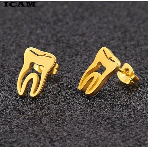 ICAM 316L Stainless Steel Teeth Ear Stud Earrings Fashion Women Mens Tooth Punk Style Small Earrings Jewelry Wholesale