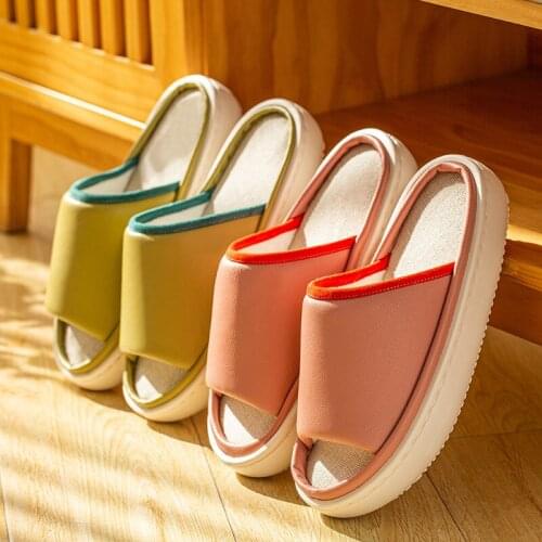 Cotton Linen Slippers Female PU Flip Flops Household Indoor Leather Thick Bottom Deodorant Sandals Seasons Couple Slides Male