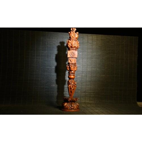 11" China Lucky Old Boxwood Hand-carved Mahakala head statue Dorje Vajra Phurpa Exorcism Ward off evil spirits Town House