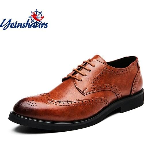 YEINSHAARS Genuine Leather Handmade Shoes Men Vintage Carved Lace-up Oxfords Men Dress Shoes Business Wedding Shoes Plus 37-48