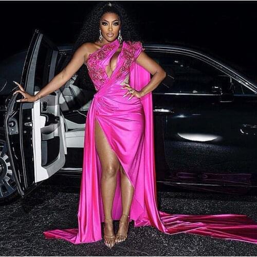 Fuchsia Side Split Prom Dresses One Shoulder Beads Sequins Pleats Plus Size Mermaid Evening Dress Aso Ebi robes de cocktail