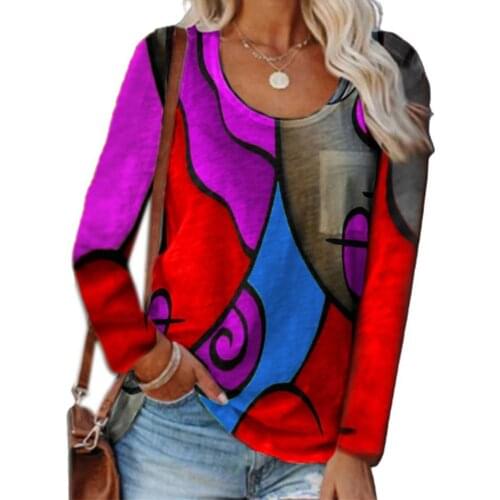 Women T-shirt Long Sleeve Geometric Print Casual Crew Neck Patchwork Pullover Loose Top Fashion Streetwear Plus Size