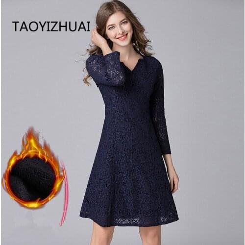 TAOYIZHAUI 2019 Winter Vintage Style Plus Size Publish Blue Dress Hollow Out Knee Length fashion Slim Dress Big Women 16135R