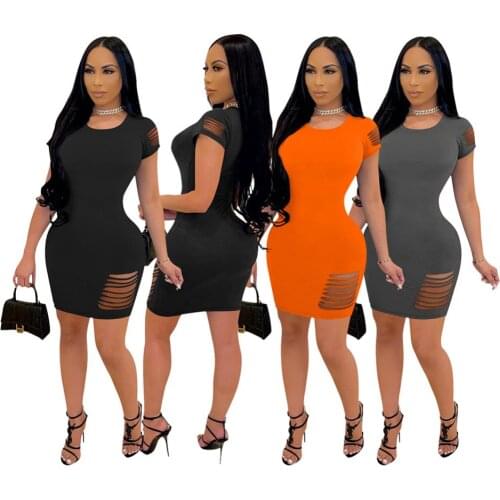 Womens Casual Summer T-Shirt Dress Short Sleeve Ripped Hole Tunic Dress Solid Color Sexy Skinny Short Dress One Piece Overall
