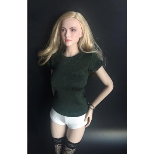 1/6 Fashion Female Tight Elatic T- shirt Clothes Army Green/Black/White for 12'' Woman Seamless Body