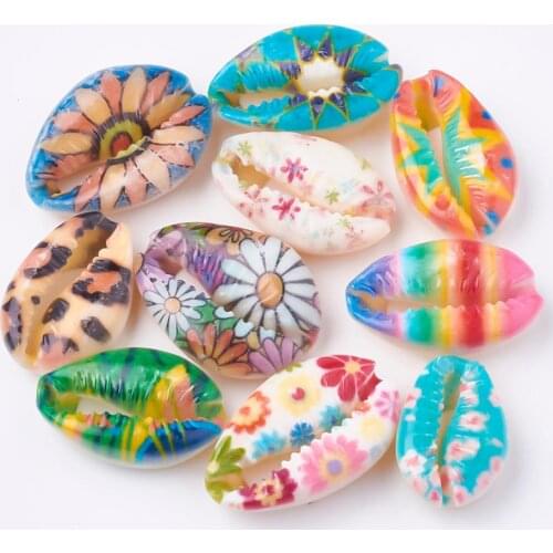 200Pcs Colorful Printed Cowrie Shell Beads No Hole Undrilled Shell Conch Beads Charms For Bracelet Earrings Jewelry Accessories
