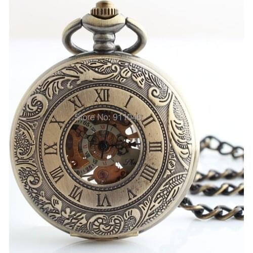 Hot Sell 100pcs/lot Vintage Bronze Roman Dial Mechanical Hand Wind Pocket Watch Skeleton Antique Pocket Watches Wholesale