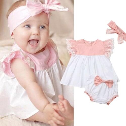 3Pcs Newborn Baby Girls Clothes Set Soft Comfortable Lace O Neck Tops+Bow Shorts+Headband Outfits 0-24M High Quality Sets