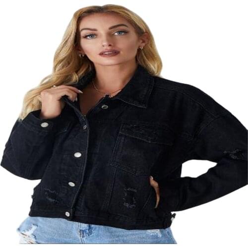 Fashion Women Lapel Grinding Broken Hole Do Old Single-Breasted Pocket Cowboy Jacket Korean Version Casual Loose Black Outerwear