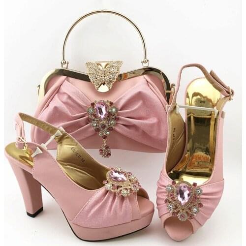 Fashionable pink women pumps match handbag set with crystal decoration african high heel dress shoes and bag QSL017,heel 11CM