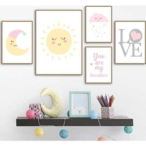 Cartoon Decorative Painting Sun Moon Cloud and Rain Home Decoration Canvas Painting Living Room Decor Poster You Are My Sunshine