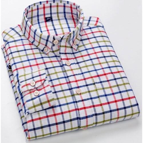 100% Cotton Long Sleeve Mens Plaid Oxford Shirt Comfortable Button-down Square Collar Regular Fit Fashion Checked Casual Shirt