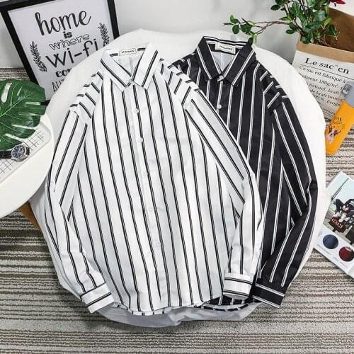 2021 Harajuku Striped Shirts Men Long Sleeves Mens Dress Shirts Hip Hop Streetwear Casual Loose Work Shirt Male
