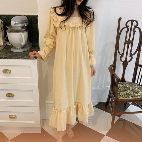 French Style Quality Flare Long Sleeve Princess Home Sleep Nightwear Vintage Cotton Nightgown For Women Dress Ladies Nighty 2020