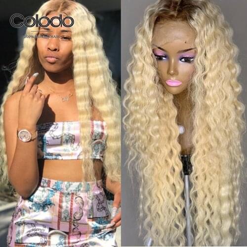 180% Density 613 Lace Front Deep Wave Wig Pre Plucked 13x4 Ombre Human Hair Wig Glueless Remy Transparent Lace Wigs COLODO