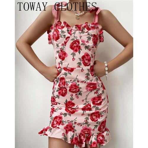 Sweet Spaghetti Strap Floral Dresses Fashion Sleeveless A-line Mini Dress Vintage Egirl Party Summer Vestidos