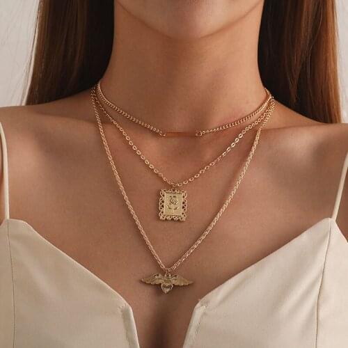 Vintage Multilayer Necklace Rose Flower Angel Heart Pendant Necklace Women Fashion Geometric Clavicle Necklace Jewelry Kolye