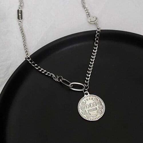 VSnow Punk Letter Print Coin Necklaces for Women Unique Design Titanium Steel Linked Chain Asymmetric Pendant Necklace Jewelry