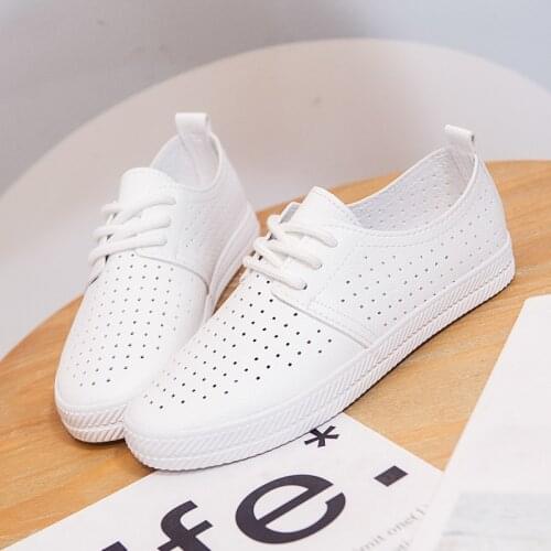 Women White Shoes Sneakers Summer 2019 Spring Breathable Holes Solid Color Woman Black Leather Shoes Shoe Woman Flat Heel N1-96