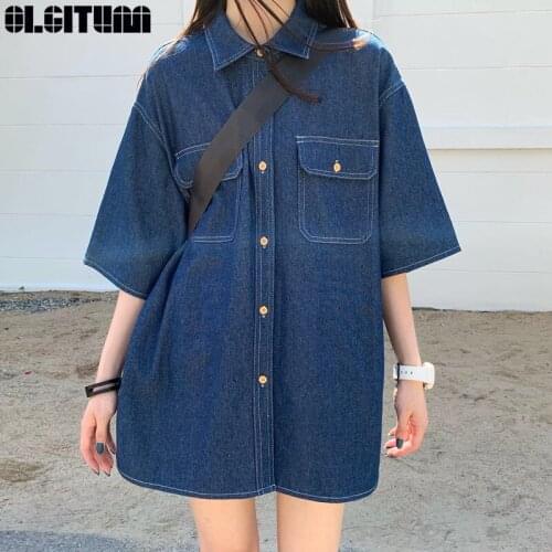 Summer Korean Version 2020 New Loose Mid-length Tooling Wind Ins Button Contrast Color Thin Denim Short-sleeved Shirt Women