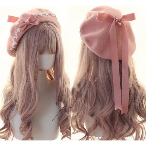 Harajuku Lolita Hat Female Woolen Loli Bow Lace Berets Boina Feminina Береты AFC1157