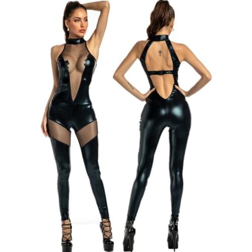 Women Sexy Faux Leather Mesh Lingerie Transparent Bodysuit Erotic Wetlook Latex Catsuit Jumpsuit Club Wear Overalls